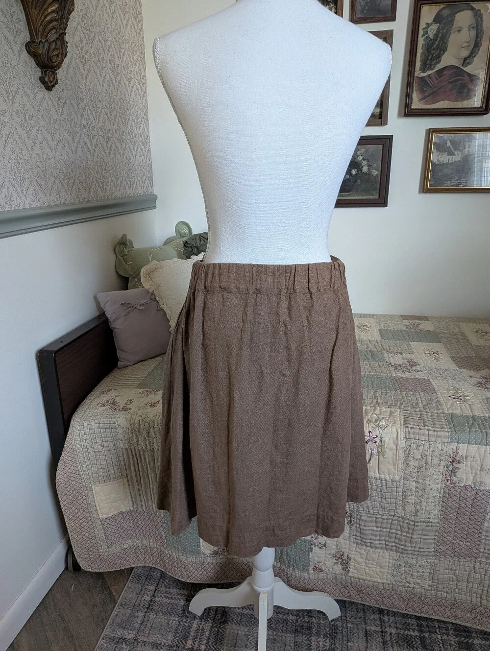 Linenfox 100% Linen Skirt S/M Taupe Brown Elastic Waist Pockets Handmade